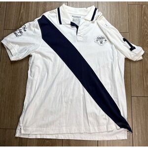 Vintage Rocawear Polo Shirt Men 2XL Blue White Rugby "One Step Ahead" Spellout